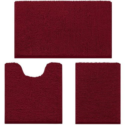 HOMEIDEAS 3 Pieces Bathroom Rugs, Ultra Soft Non Slip Absorbent Chenille Toilet Bath Mat Set (Burgundy) - color: Red-burgundy, size: 17"x24"+20"x32"+U Shape 20"x24"