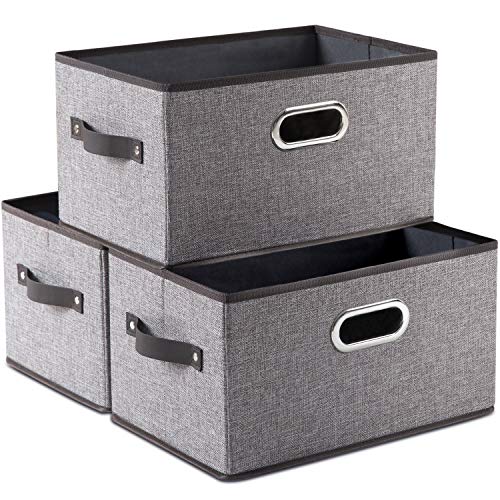Large Foldable Storage Bins for Shelves [3-pack] Decorative Linen Fabric Storage Baskets Cubes with Leather/Metal Handles for Closet Nursery Office Grey and Black Trim (14.9x9.8x8.3 Inch) - color: Grey&black Trim, size: Large(3-Pack)