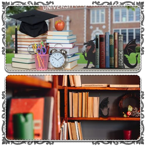 Dragon Bookends Set of 2 Styles Metal Book Ends for Shelves | Gothic Dragon Head Wings Design, Sturdy Metal Construction, Non-slip Base, Home Office Bookshelf Gift Dragon Lovers - style: Evil Dragon