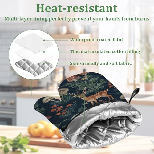 Deer Mushroom Forest Oven Mitts and Pot Holders Sets 4 Pcs Wild Animal Botanical Silicone Kitchen Gloves Heat Resistant Potholders for Baking Grilling BBQ - color: Deer Owl Rabbit