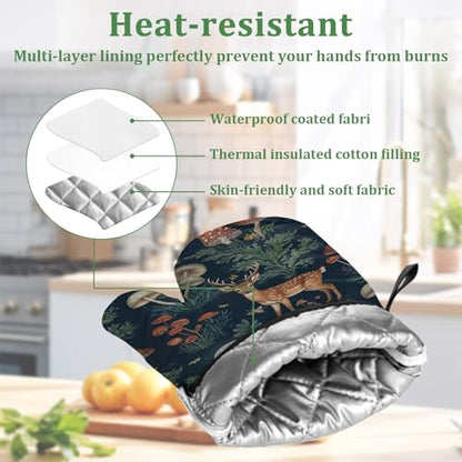 Deer Mushroom Forest Oven Mitts and Pot Holders Sets 4 Pcs Wild Animal Botanical Silicone Kitchen Gloves Heat Resistant Potholders for Baking Grilling BBQ - color: Deer Owl Rabbit