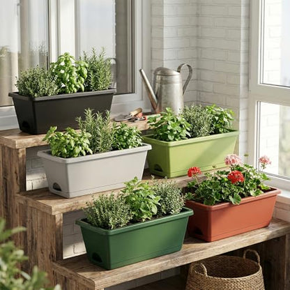 7 Pack 17 Inch Rectangular Plastic Window Box Planters(Brick-red) | Includes trowel, waterproof mat & gloves, perfect for indoor/outdoor herbs, veggies, and flowers - color: Brick-red