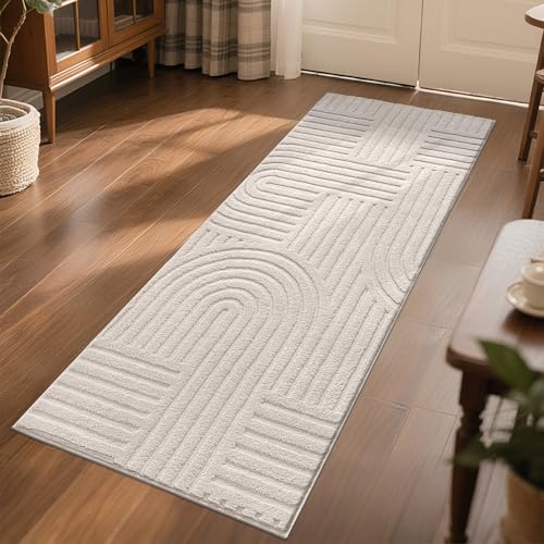 SHACOS Soft Cozy Fluffy Arch Pattern High Low Pile Runner Rugs 2'x6' Non Slip Washable Scandinavian Minimalist Rug Modern Geometric Arc Carpet for Living Room Bedroom Bathroom, Beige - color: Beige, size: 2'x6'