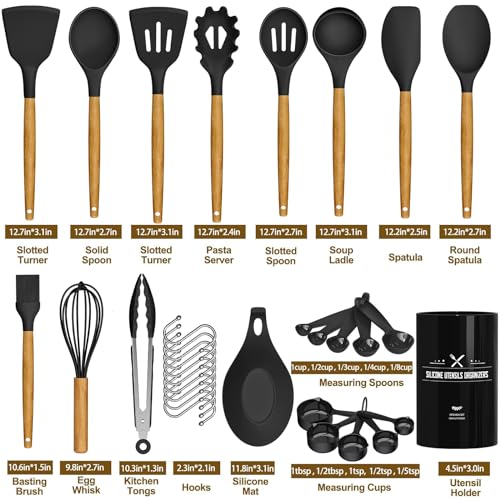 Umite Chef Kitchen Cooking Utensils Set, 33 pcs Non-Stick Silicone Cooking Kitchen Spatula Set with Holder, Wooden Handle Silicone Kitchen Gadgets Utensil Set (Black) - color: Black