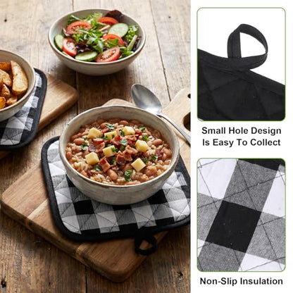 10 Pcs Buffalo Check Dish Towels Pot Holders Oven Mitts Set, Polyester Cotton Plaid Kitchen Napkins & Non-Slip Heat Resistant Oven Gloves & Placemats for Cooking Baking Grilling Farmhouse Decor (Black