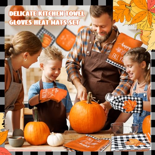12 Pcs Fall Kitchen Towels and Oven Mitt Sets 4 Maple Leaf Oven Mitts 4 Harvest Dish Towels and 4 Plaid Pot Holders Pumpkin Cooking Accessories for Thanksgiving Autumn Kitchen Decoration - style: Maple Leaf