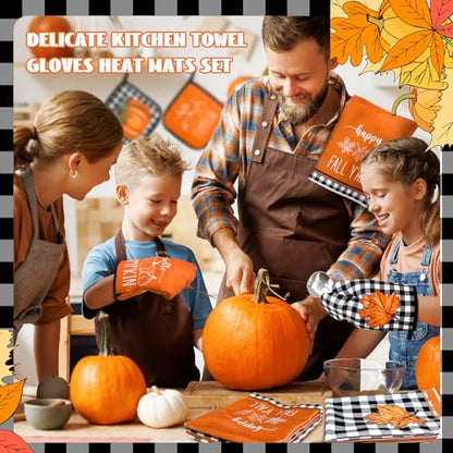 12 Pcs Fall Kitchen Towels and Oven Mitt Sets 4 Maple Leaf Oven Mitts 4 Harvest Dish Towels and 4 Plaid Pot Holders Pumpkin Cooking Accessories for Thanksgiving Autumn Kitchen Decoration - style: Maple Leaf