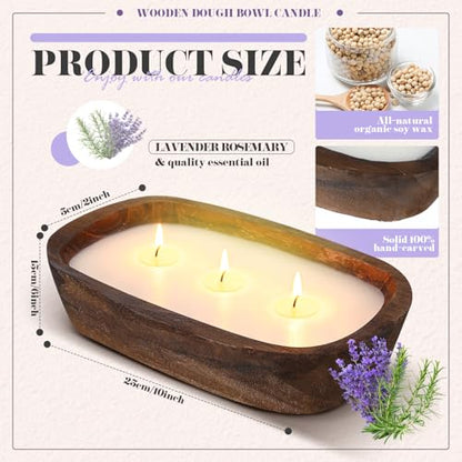 Threlaco 2 Pack Wooden Dough Bowl Scented Candle,Lavender | 3 Cotton Wicks for Even Burning, Natural Soy Wax Blend, Farmhouse Table Centerpiece, Rustic Wooden Bowl Candle Gift Set