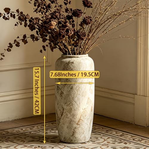 Rustic Ceramic Floor Vase, 15.7 Inch, Farmhouse Clay Decor | Living Room, Entryway, Fireplace, Pampas Grass, Dried Branches - size: 15.7 Inch