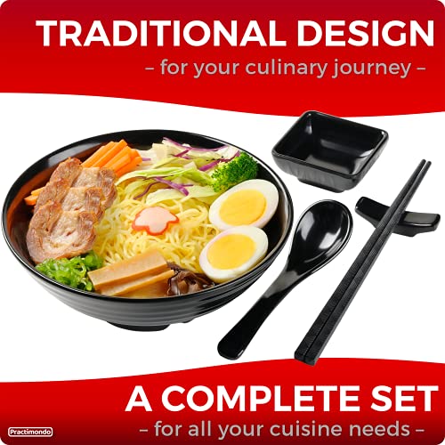 Unbreakable Ramen Bowl Set with Chopsticks and Spoon: 2 large Japanese Style Melamine Ramen Bowls, Dipping Bowls and Chopstick Stands for Asian Pho Soup Thai Miso Udon Wonton (2 Bowl Set, Black) - color: Black, size: 2 Bowl Set