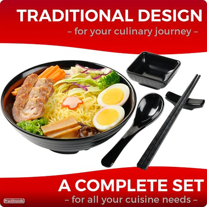 Unbreakable Ramen Bowl Set with Chopsticks and Spoon: 2 large Japanese Style Melamine Ramen Bowls, Dipping Bowls and Chopstick Stands for Asian Pho Soup Thai Miso Udon Wonton (2 Bowl Set, Black) - color: Black, size: 2 Bowl Set