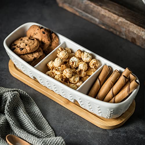 Miamolo Condiment Bowls Divided Serving Tray, Chip and Dip Bowl for Party | Ceramic 10-inch, 3 Compartment Tray + Wood Base | for Snacks Appetizer Charcuterie, Microwave Oven Safe, Hosting Essentials - size: Medium-10 inches