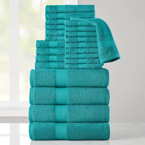 24-Piece Set of Towels, Lightweight 380 GSM Cotton Towels, Quick Drying, Absorbent Hand Towels, Fingertip Towels, Bath Towels, & Washcloths, Teal Blue - color: Teal Blue