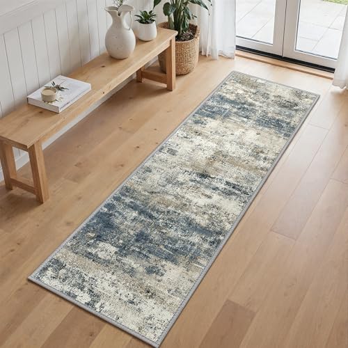GENIMO 2'6"x6' Runner Rug Non Slip Washable for Hallway Entryway Navy Blue | Modern Abstract, Lightweight Low Pile Thin Carpet, Spill and Stain Resistant Soft Mat for Kitchen Floor, Laundry Room Bedroom - color: Navy Blue Gray, size: 2'6" x 6' (Rectangula