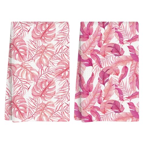 Summer Kitchen Towels, Summer Kitchen Bathroom Decor, Housewarming Gifts, Pink Monstera Leaf Waffle Decorative Dish Hand Towel for Seasonal Holiday Bathroom Home Baking Set of 2 14x24 Inch - color: Leaf-1