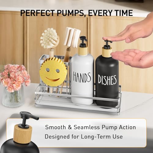 Moforoco Kitchen Dish Soap Dispenser Set, 16OZ Glass Bottle, Hand and Dish Soap Dispenser Set, Instant Dry Tray, Brush Holder with Smiley Face Sponge Holder (Silver Tray+Black&White Bottle) - color: Silver Tray+black&white Bottle