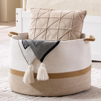 Extra Large Nursery Storage Basket, 20 x 20 x 13.8 inches - 100% Cotton Rope Baskets with Handles, Blanket Basket for Toys, Blankets & Pillows (Gradient Brown) - color: Gradient Brown