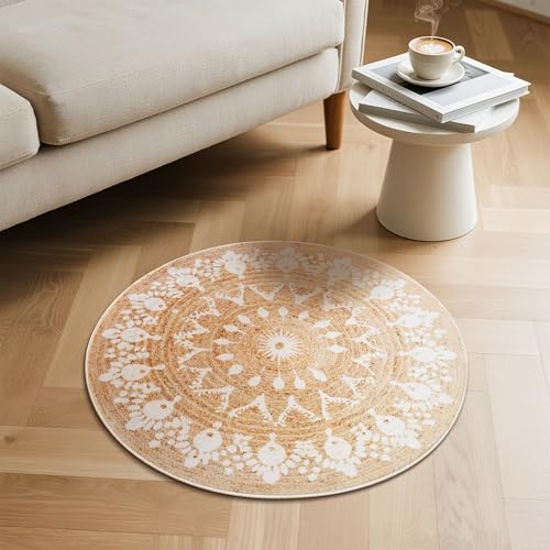 Carvapet Faux Jute 2 ft Round Washable Rug, Imitation Jute Low Pile Circle Small Carpet with Non Slip Rubber Backing, Foldable Stain Resistant Area Rug for Living Room Bedroom Office Bathroom - color: Pearl, size: 2' (Round)