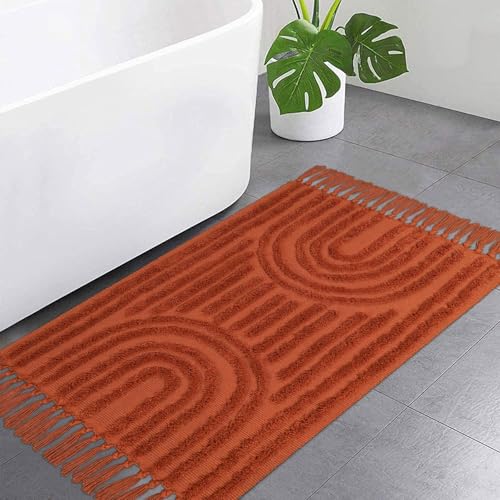 LEEVNA Washable Boho Bathroom Rugs 2x3 Hand-Woven Kitchen Rug with Tessal | Terracotta Bedroom Throw Rugs, Boho Tufted Rainbow Rug, Farmhouse Indoor Door Mat for Entryway/Porch/Back Door - color: Terracotta, size: 2' x 3' (Rectangular)