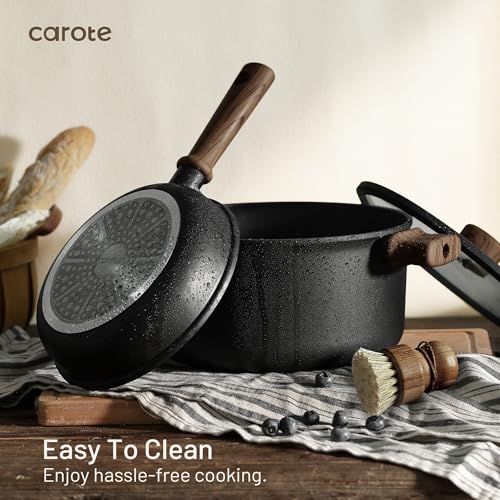CAROTE 15pcs Cookware Set Nonstick pots and pans set black | Titanium Reinforced Coating, Scratch-Resistant, Easy to Clean, Even Heating, Induction Compatible, with Frying Pans Set - color: Black, size: 15 Piece