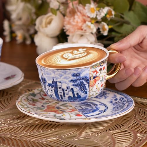 KAMMAK Tea Cups and Saucers Set of 2, Fine Bone China Coffee Cups, 582N | Stackable Espresso Mugs, Ceramic Demitasse for Coffee, Cappuccino, Latte, Americano, Tea - size: 7KPSP582N+583N
