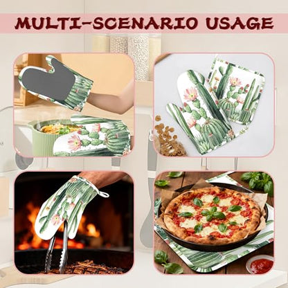Cactus Succulent Greenery Flower Heat-Resistant Silicone Oven Mitts and Pot Holder 4 Piece Set,Non-Slip Kitchen Oven Gloves for Baking, BBQ, Cooking,Grilling - color: Cactus Succulent Greenery Flower