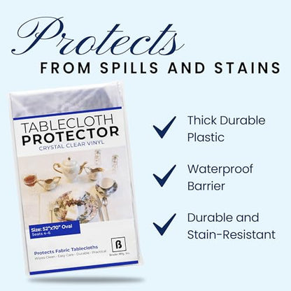 BRODER MFG. INC. Tablecloth Protector Crystal Clear Vinyl (52"x70" Oval) | Thick, Durable Clear Table/Tablecloth Protector | Perfect for Parties, Special Occasions, Gatherings, and Everyday Use - size: 70" x 52" (Oval)