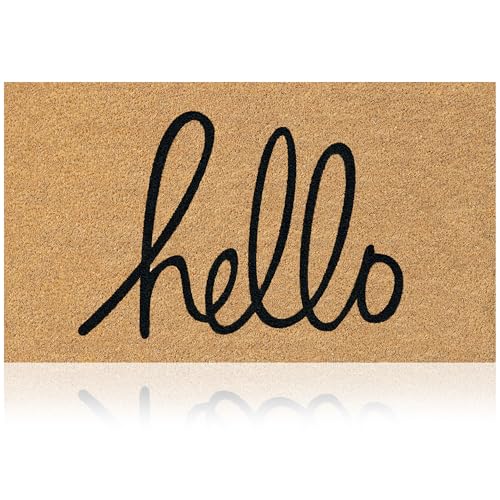 Coir Welcome Mat, Non-Slip, Hello Classic, 17 x 29 in | 100% Natural Coir, Anti-Shedding, Durable PVC Backing, Traps Dirt and Mud, Indoor and Outdoor Entryway, Easy to Clean - color: Hello Classic