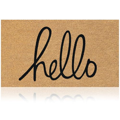 Coir Welcome Mat, Non-Slip, Hello Classic, 17 x 29 in | 100% Natural Coir, Anti-Shedding, Durable PVC Backing, Traps Dirt and Mud, Indoor and Outdoor Entryway, Easy to Clean - color: Hello Classic