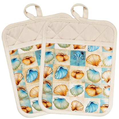 Pot Holders Set of 2 Heat Resistant 480 ℉Non Slip Clear Silicone Printed Comfortable Cotton Lining Kitchen Women Men Cooking Baking Microwave Machine Washable (Shell, Beige potholders) - color: Shell, Beige Potholders