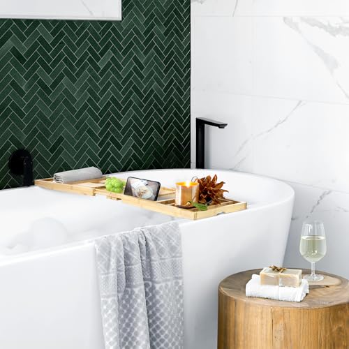 Elama Expandable Bamboo Bath Tray, Adjustable Bathtub Caddy with Book & Tablet Holder, Wine Glass Slot, and Spa Accessory Compartments