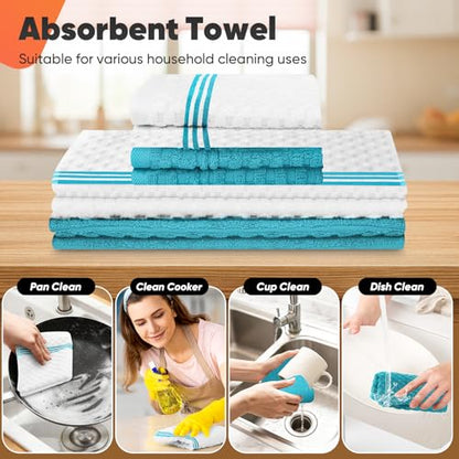 Oven Mitts Kitchen Towels and Dishcloths with Pot Holders Sets, Oven Gloves Hot Pads 500°F Heat Resistant with Silicone Grip, Include 2 Cooking Gloves/2 Potholders/4 Kitchen Towels/4 Dish Towels - color: Lake Blue
