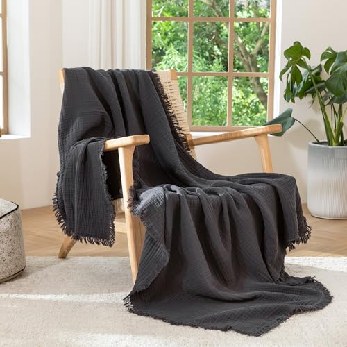 MooMee 100% Cotton Muslin Blanket, Fringed 4-Layer Gauze Bed Throw Blankets | Soft Breathable Lightweight Thin Coverlet Summer Blankets for Adults, Bed & Couch All Seasons, Dark Grey, 98" x 98" - color: Dark Grey, size: Oversize Queen