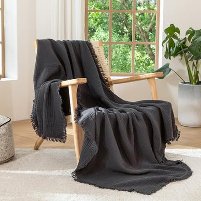 MooMee 100% Cotton Muslin Blanket, Fringed 4-Layer Gauze Bed Throw Blankets | Soft Breathable Lightweight Thin Coverlet Summer Blankets for Adults, Bed & Couch All Seasons, Dark Grey, 98" x 98" - color: Dark Grey, size: Oversize Queen