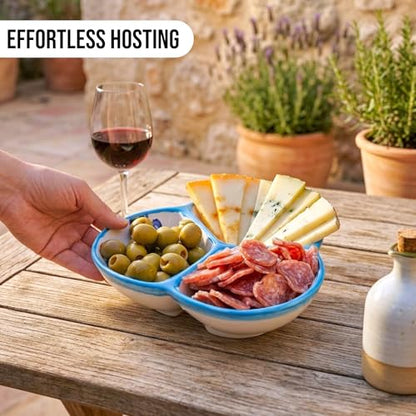 3-Compartment Ceramic Serving Dish, Handmade in Spain | 7.5” divided chip and dip bowl with lead-free glaze, microwave, oven and dishwasher safe, ideal for tapas, snacks and sauces - color: Blue Daisy