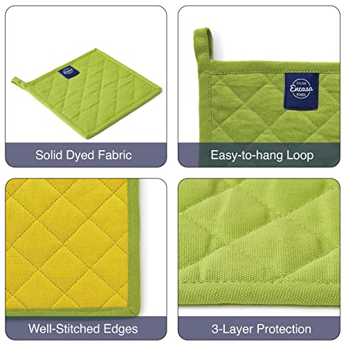 Encasa XO Pot Holders, Quilted Kitchen Hot Pads 8"x8" Lime Green | 100% Heavyweight Cotton | Quilted Insulation | Multipurpose Trivets & Hot Pads | Hanging Loop | Set of 2 - color: Lime Green