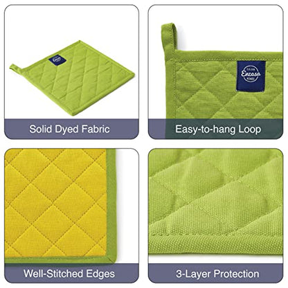 Encasa XO Pot Holders, Quilted Kitchen Hot Pads 8"x8" Lime Green | 100% Heavyweight Cotton | Quilted Insulation | Multipurpose Trivets & Hot Pads | Hanging Loop | Set of 2 - color: Lime Green