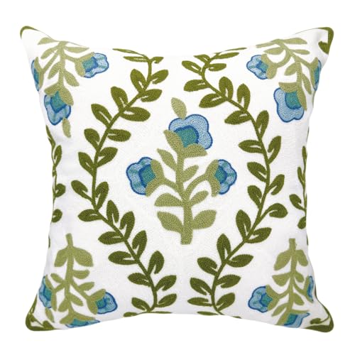 Alysheer Floral Embroidered Summer Decorative Throw Pillow Cover 18"x 18", Farmhouse Cottage Blue Flowers Green Leaves Knit Pattern Cotton Canvas Cushion Case for Sofa Couch Bed Living Room Decor - color: Blue, size: 18" x 18" (Pack of 1)