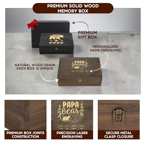Personalized Wooden Memory Box for Dad – Custom Engraved Papa Bear Keepsake Box with Names, Father’s Day Gift for Gradpa Daddy, Photo Storage & Memory Chest - style: 17. Papa Bear Designs