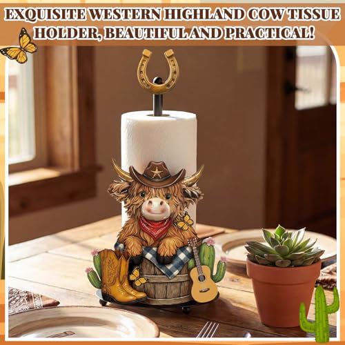 Western Cowboy Highland Cow Paper Towel Holder Cowboy Kitchen Bathroom Decor Farmhouse Metal Highland Cow Western Towel Holder Stand with Round Base for Home Countertop Toilet Accessories - style: Cowboy