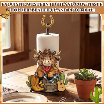 Western Cowboy Highland Cow Paper Towel Holder Cowboy Kitchen Bathroom Decor Farmhouse Metal Highland Cow Western Towel Holder Stand with Round Base for Home Countertop Toilet Accessories - style: Cowboy