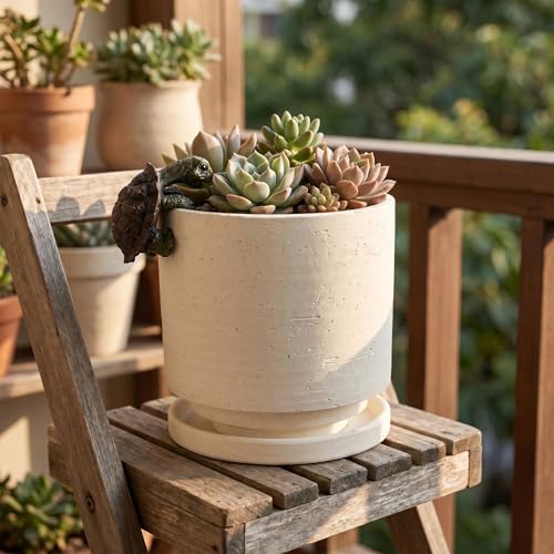 Nihow Ceramic Plant Pot with Resin Figure/Drainage Hole & Saucer,5.7 Inch | White, Cylinder Planters, Art Modem Design, Home Garden Patio Office - color: White+rt, size: 5.7 Inch