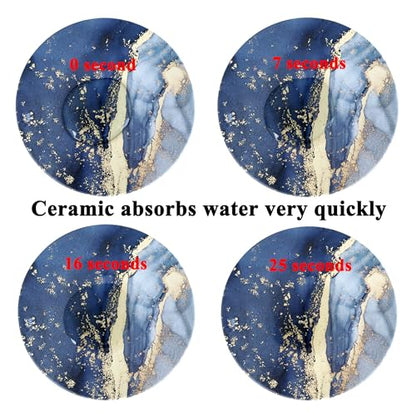 Navy Blue Marble Ceramic Coasters with Holder Absorbent Drink Coaster Set Outdoor Round Abstract Cute Table Decorative Coffee Cup Beverage Fun Wine Beer Bar Gold Housewarming 6 Pack - style: Navy Blue Gold