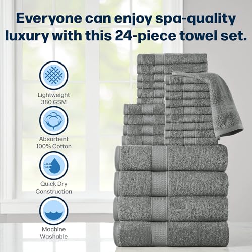 24-Piece Set of Towels, Lightweight 380 GSM Cotton Towels, Quick Drying, Absorbent Hand Towels, Fingertip Towels, Bath Towels, & Washcloths, Grey - color: Grey