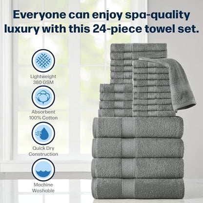 24-Piece Set of Towels, Lightweight 380 GSM Cotton Towels, Quick Drying, Absorbent Hand Towels, Fingertip Towels, Bath Towels, & Washcloths, Grey - color: Grey
