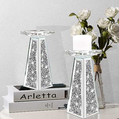 Wocred 2 Piece Candlestick Holders for Holding Pillar Candles, Crystal Crushed Diamond Candle Holders Set Decor for Dinning Room, Silver Glass Votive Candle Holders for Table Centerpiece(8”) - size: 8 Inch Diamond Silver