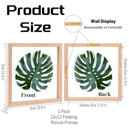 12x12 Floating Picture Frames Double Sided Tempered Glass Oak Wood Picture Frame Floating Display for Photos 11x11,10x10,8x8,6x6,5x5,4x4,or Full Display for 12"x12" Photos for Christmas,Halloween,Baby Scan,Anniversary,Wedding(Beige) - size: 12x12 inch