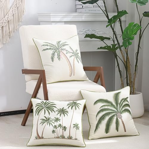 Embroidered Throw Pillow Covers 18x18 inch Pack of 2 Green Palm Tree | Ocean-Themed,Durable Fabric,Square Pillow Cover,Boho Decorative,Hidden Zipper,Aesthetic Design,Ideal Gift,Machine Washable - color: A Green Coconut Tree