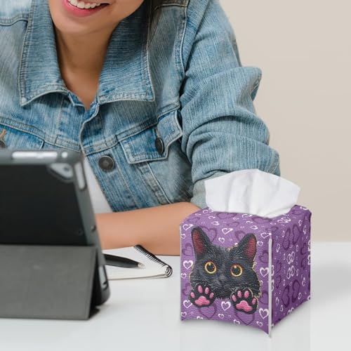 Cat Heart Tissue Box Covers Leather PU Facial Paper Organizers Dispenser Foldable Square Facial Tissue Case for Tabletop Bathroom Night Stand - color: Cat Heart