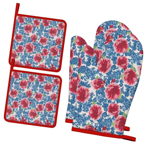 4 PCS Cotton Oven Mitts and Pot Holders Sets,Pioneer Flower Oven Gloves Heat Resistant Colorful Kitchen Mitts Hot Pads,Kitchen Decor for Women Cooking Baking Grilling BBQ (Blue Red Flower) - color: Blue Red Flower